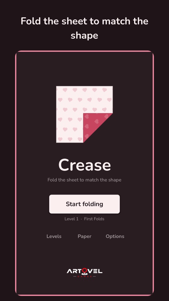 The Crease title screen with a folded sheet of heart-print paper